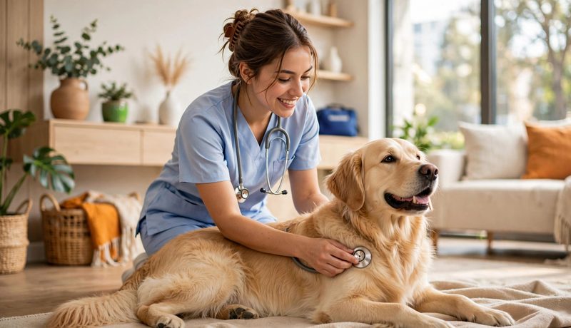 Veterinaria atendiendo a un perro en su hogar